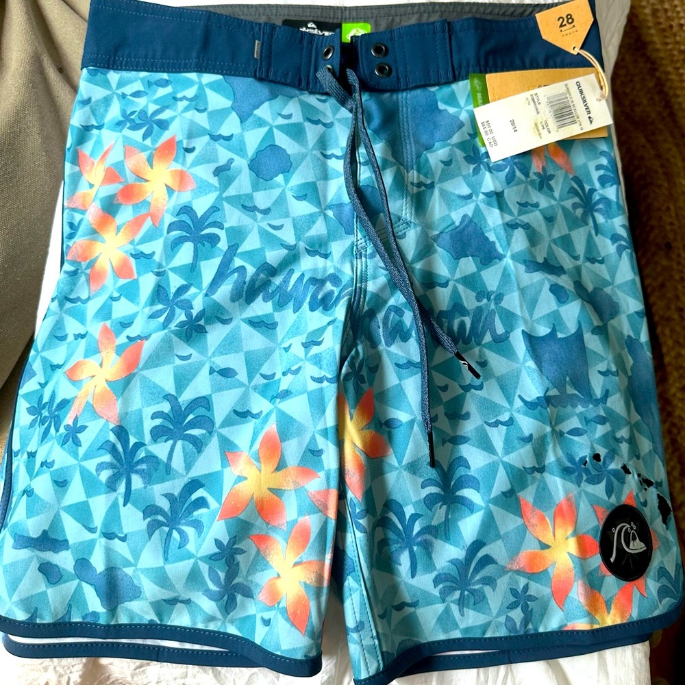 #Quiksilver Surf & Swim Shorts Size 28/14 Youth Blue w/ Orange #NEW